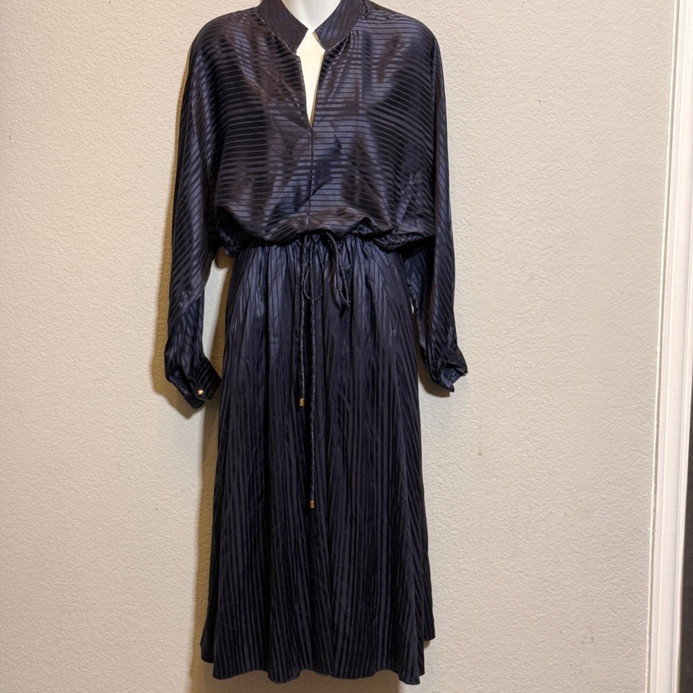 Tory Burch Striped Satin Silk Blend Midi Dress Womens M Navy Drawstring